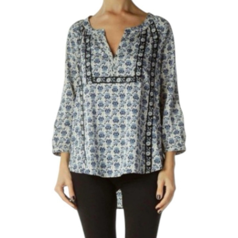 BeachLunchLounge Blue White Floral Hi Low Tunic Blouse Medium